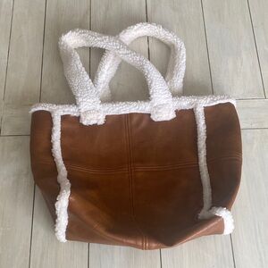 Anthropologie Brown and White Faux Leather Shearling Tote Bag
